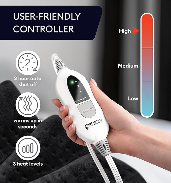 GENIANI Electric Throw - XL Electric Heating Pad for Back Pain & Cramps Relief, Birthday for Women Men Auto Shut Off, Machine Washable, Heat Pad for Neck & Shoulder (12'‘×24" Black)