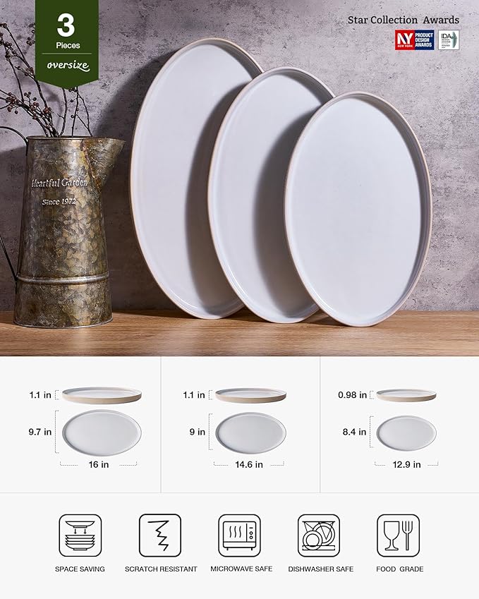 famiware Serving Platter, 16/14.6/12.9 Inch Serving Dishes for Entertaining, Party Serving Trays for Food, Buffet Oval Platters for Food, Large Plates for Turkey Cheese Appetizer, Cappuccino White