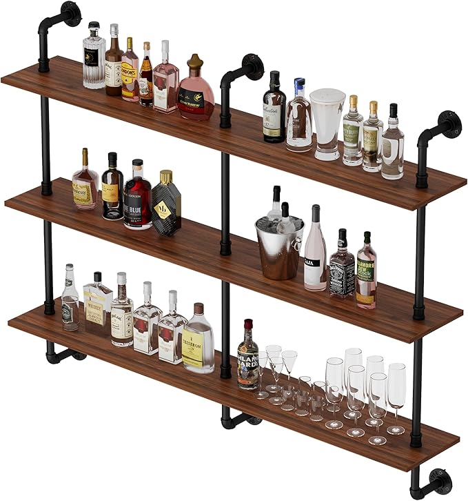 3-Tier Industrial Pipe Floating Shelf – Rustic 60 inch Wood Wall-Mounted Storage Shelf for Kitchen Office,Bathroom & Home Decor -Walnut