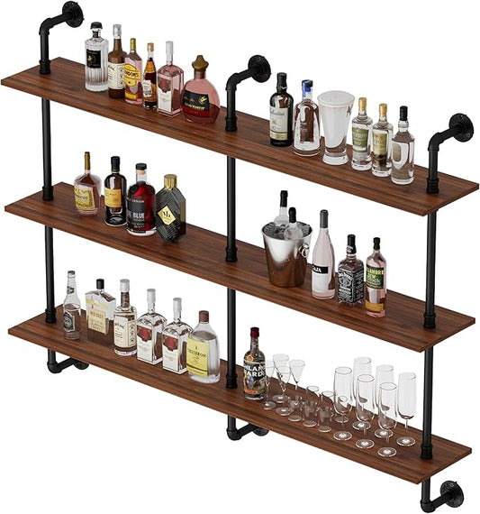 3-Tier Industrial Pipe Floating Shelf – Rustic 60 inch Wood Wall-Mounted Storage Shelf for Kitchen Office,Bathroom & Home Decor -Walnut