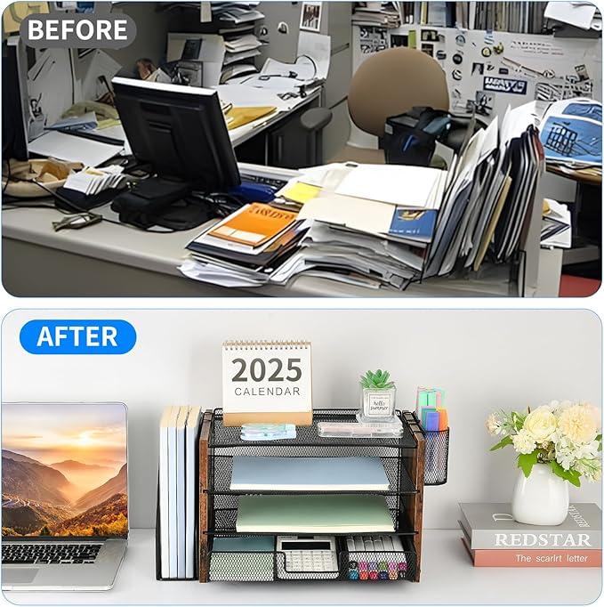 OPNICE Desk Organizer and Accessories, 4-Tier Desktop File Organizer with Drawer and 2 Pen Holders, Office Desk Accessories for Office Supplies(Wood)