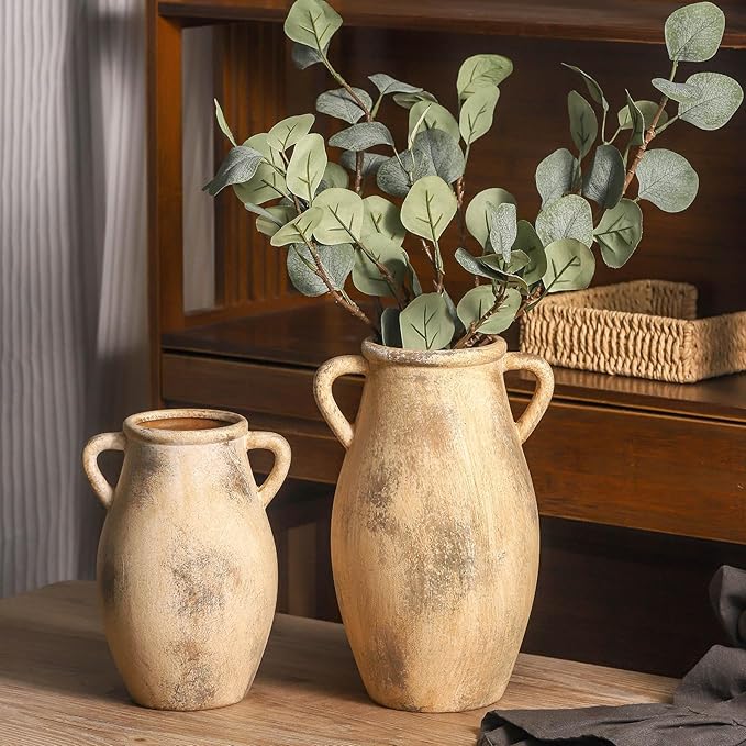 Ceramic Vase with Handles, 9.05 inch Tall Terracotta Decorative Pottery Flower Vase for Home Farmhouse Decor, Dining Table, Living Room, Kitchen, Office
