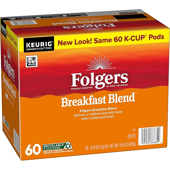 Folgers Breakfast Blend Coffee, Mild Roast, Keurig K-Cup Pods, 10 Count (Pack of 6)