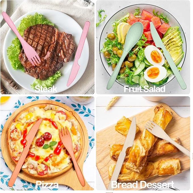 Reusable Travel Utensils Set with Case, 4 Sets Wheat Straw Portable Knife Fork Spoons Cutlery, Eco-Friendly BPA Free Plastic Tableware for Kids Adults Travel Picnic Camping Utensils