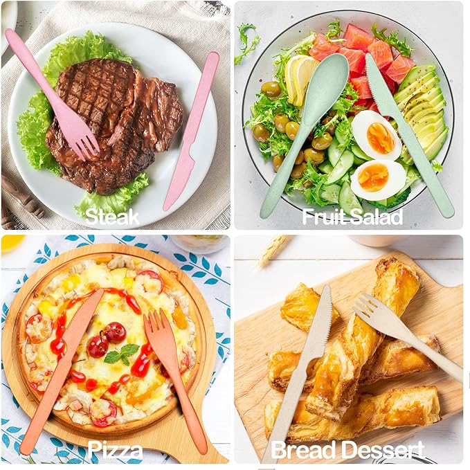 Reusable Travel Utensils Set with Case, 6 Sets Wheat Straw Portable Knife Fork Spoons Cutlery, Eco-Friendly BPA Free Plastic Tableware for Kids Adults Travel Picnic Camping Utensils