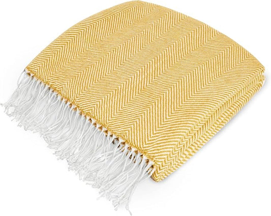 PAVILIA Yellow Herringbone Throw for Couch, Decorative Outdoor Accent Blanket, Faux Cashmere, Lightweight, 50x60