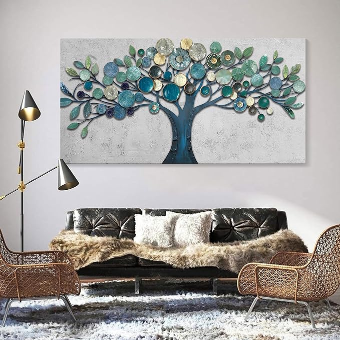 CHATYOUNG Large Canvas Wall Art - Wall Pictures Artwork for Living Room Tree of Life Blue Gold Leaves Gray Background Paintings Bedroom Dining Room Office Kitchen Home Decor 58"x29"