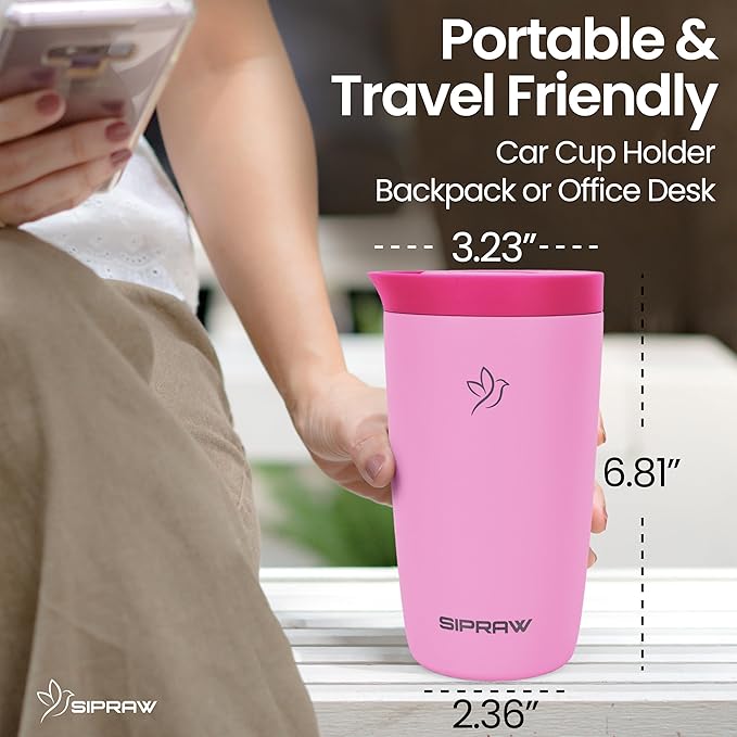 Travel Coffee Mug Tumbler, Reusable Iced Coffee Hot Coffee Cup, Double Wall Insulated Thermal Stainless Steel Material, Gift for Women Men, Perfect for Camping Travelling, 12 oz, Pink