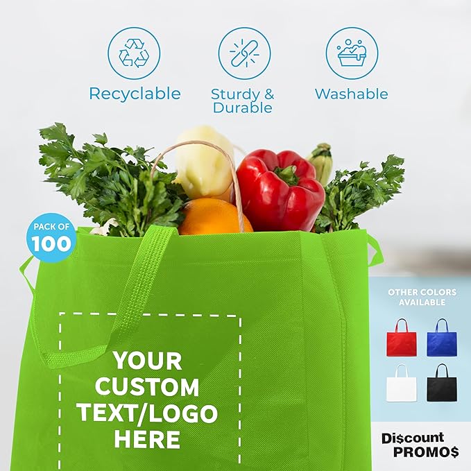 DISCOUNT PROMOS Custom Jumbo Sized Tote Bags Set of 100, Personalized Bulk Pack - Reusable Grocery Bags, Shopping Bags, Promotional Item Totes for Women - Lime Green