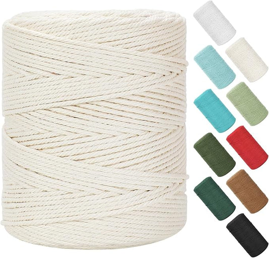 Macrame Cord 4mm x 380Yards (1140Feet), Natural Cotton Macrame Rope - 4 Strands Twisted Macrame Cotton Cord for Wall Hanging, Plant Hangers, Crafts, Gift Wrapping and Wedding Decorations, Beige
