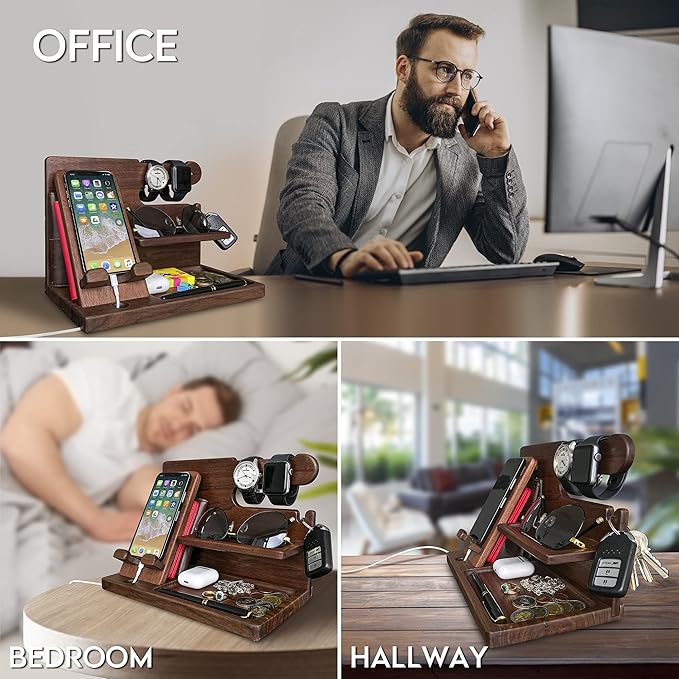 Phone Docking Station For Dad - Handmade Unique Nightstand Organizer For His Accessories - Personalized Gift Ideas for Him, Grandpa, Husband, Boyfriend on Father's Day, Birthday, Anniversary
