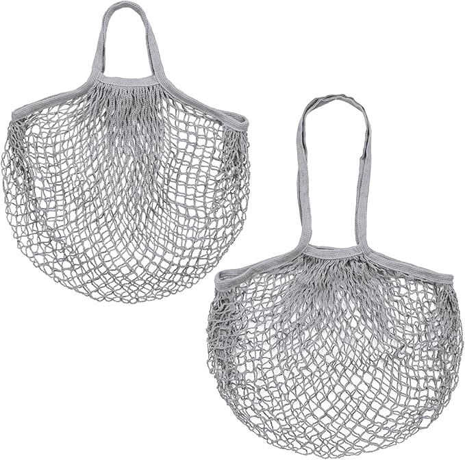 2-Pack Cotton Mesh Bag, Reusable Washable Mesh Net String Grocery Bags, Reusable Produce Bags with Handle, Net Tote Bag for Fruits/Vegetables Shopping [Gray, Long&Short Handle]