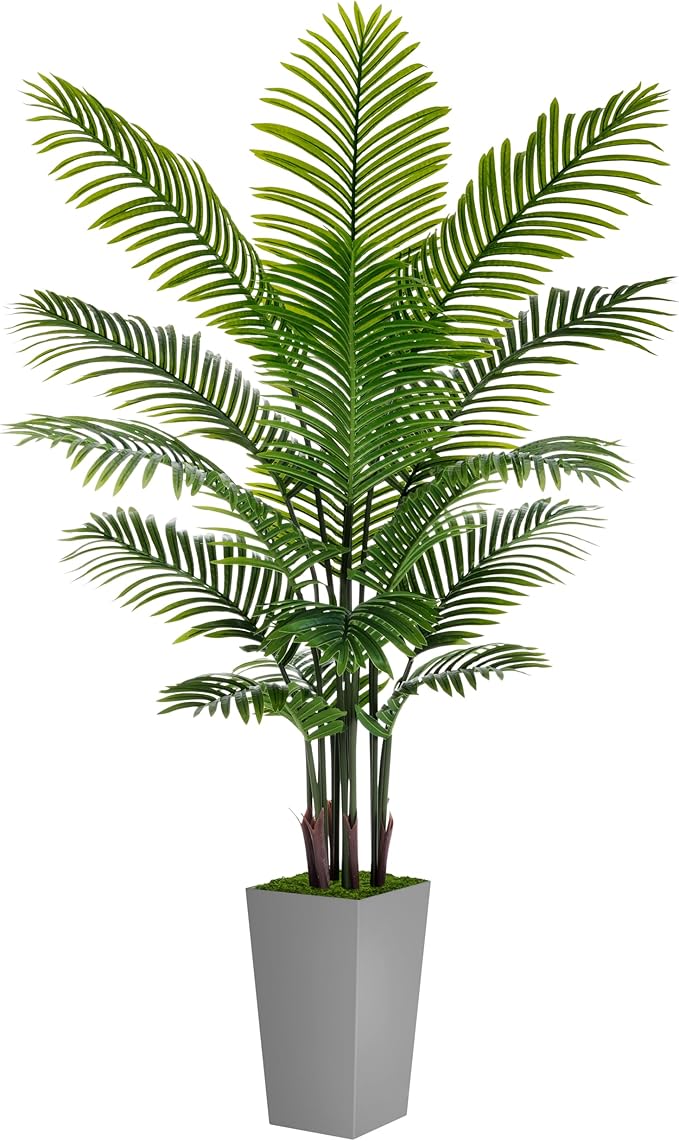 Artificial Palm Tree 6FT - Fake Tree with Gray Tall Planter - Faux Tropical Areca Floor Plant in Pot - Artificial Silk Plant for Home Office Living Room Decor Indoor
