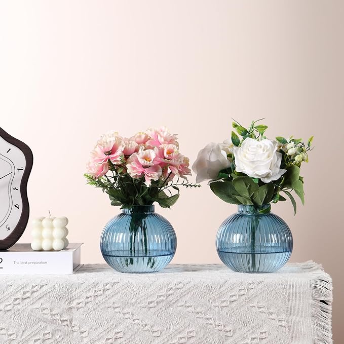 Round Glass Vases, Set of 2 Small Vases for Flowers, Blue Glass Vase for Tulips, Modern Vase for Living Room, Office, Coffee Table, Shelf, Wedding, 5 Inches