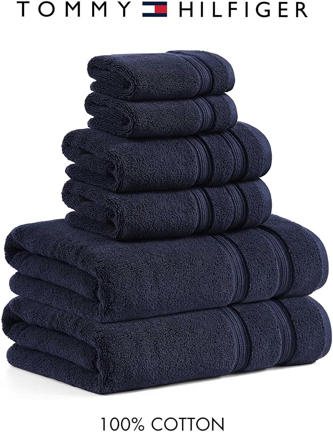 Tommy Hilfiger - Bath Towels, Ultra-Soft & Quick Drying with Zero Twist, 600 GSM Bathroom Towels with Iconic Flag Accent (Harborside Solid Navy, 6 Piece)