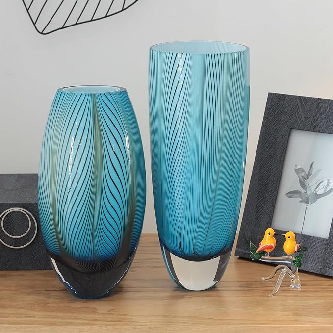 Ca D Oro Murano Style Glass Vase Blue Feather Pattern Hand Blown Art Glass for Flower, Room Decoration and Centerpiece - Model 54 MS
