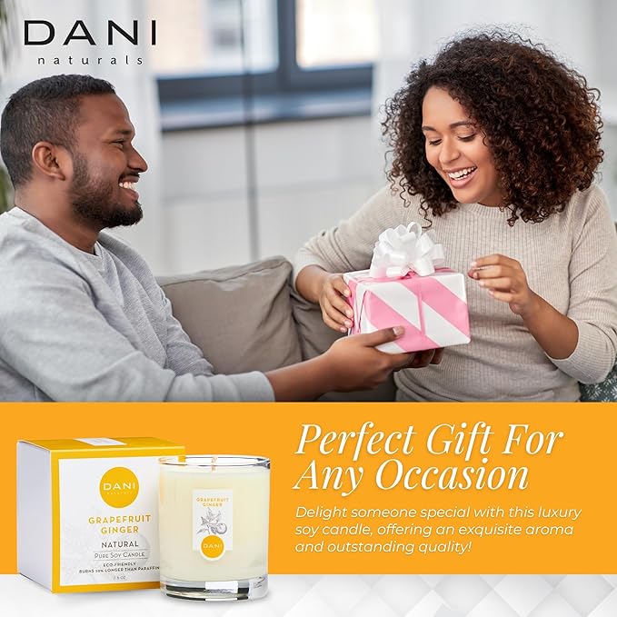 DANI Naturals Soy Candle - Grapefruit Ginger Scented, 100% Pure Soy Wax, Kosher, Non-Toxic, Long-Lasting Burn - 7.5 oz