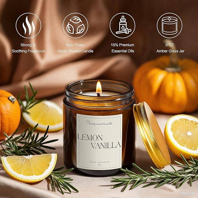 Lemon Vanilla Scented Candle for Home, Natural Soy Wax Aromatherapy Non Toxic Candle Gifts for Women & Men, Handmade Highly Scented & Long Lasting Jar Candle for Stress Relief (9oz)