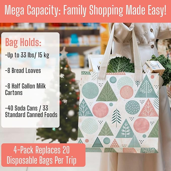 VENO 4 Pack Christmas Reusable Grocery Bags, Heavy-Duty Shopping Bags with Handles, for Shopping Cart with Hard Bottom to Stand Upright, Foldable (Pastel Forest, 4 Pack)