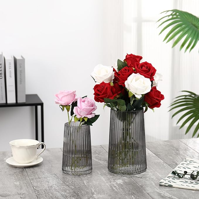 Ribbed Flower Vases Set of 2, Black Vases for Flowers, Flower Vase for Bouquet, Modern Ribbed Glass Vase for Living Room, Bedroom, Dining Table, Office, Wedding, Centerpieces