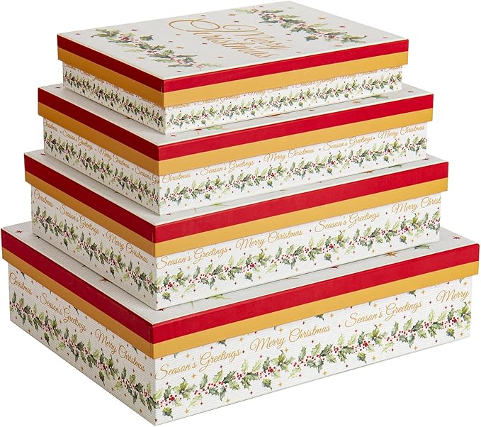 Hollyone 4 Kraft Christmas Gift Boxes with Lids Merry Christmas Sign Gift Wrap Boxes 4 Sizes Xmas Gift Boxes Shirt Box for Wrapping Xmas Holiday Birthday Wedding Present