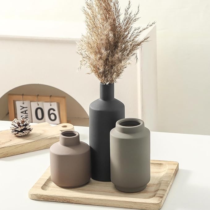 Ceramic Vase Set of 3, Modern Decorative Vases for Home Decor, Small Flower Pottery Vase Sets, Boho Farmhouse Rustic Vases for Living Room, Kitchen, Bedroom, Bathroom, Shelf, Table