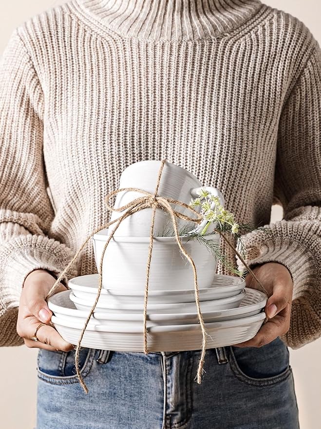 LE TAUCI Dishes Set with Mugs for 4, Stoneware Plates and Bowls Set, 10" Dinner & 8" Salad Plates, 6" Bowls, 18 oz Cups, Stackable, Microwave & Dishwasher Safe Ceramic Dinnerware, 16-Piece, White