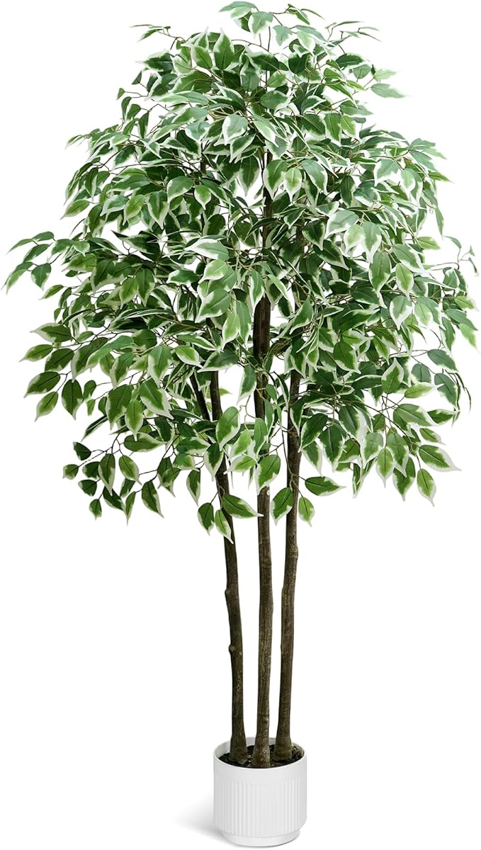 Faux Fiddle Leaf Fig Tree, 6ft Faux Plant Fake Ficus Silk Trees with White Planter, Artificial Fig Trees Floor Plants for House Office Living Room Indoor Home Decor (ficus Tree)