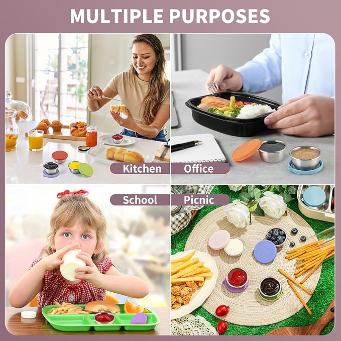 8 Pack - 1.6 Oz Small Salad Dressing Containers To Go, Leakproof Condiment Containers with Lids Reusable Stainless Steel Sauce Cups for Lunch Boxes Kitchen Storage Picnics Travel Meal Prep