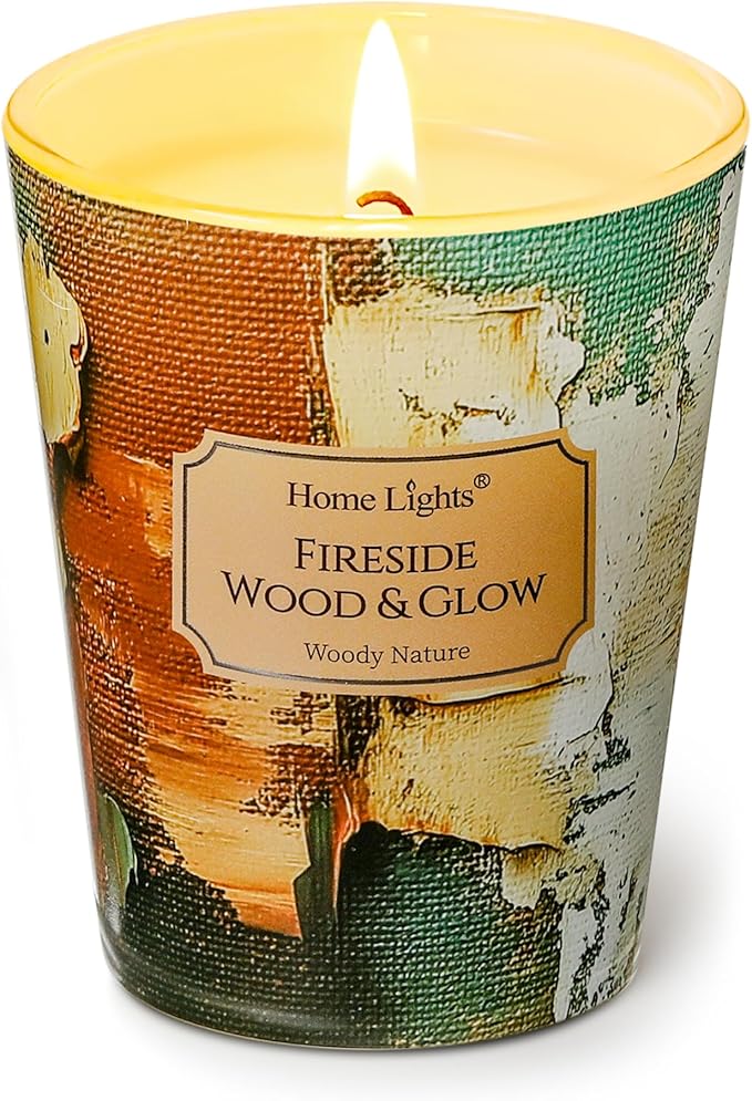 HomeLights 1-Wick Candles for Home Scented - 6.7oz Soy Wax Blend Candle Long-Lasting Fragrance, Industrial Chic Home Decor and Housewarming Gifts, Fireside Wood & Glow