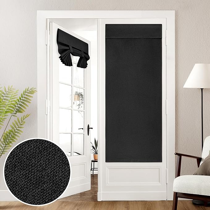 HOMEIDEAS 100% Linen Blackout French Door Curtains, Privacy Door Window Curtains, 26 X 68 Inch Room Darkening Blinds, Thermal Insulated Shades for Bedroom, 1 Panel, Black