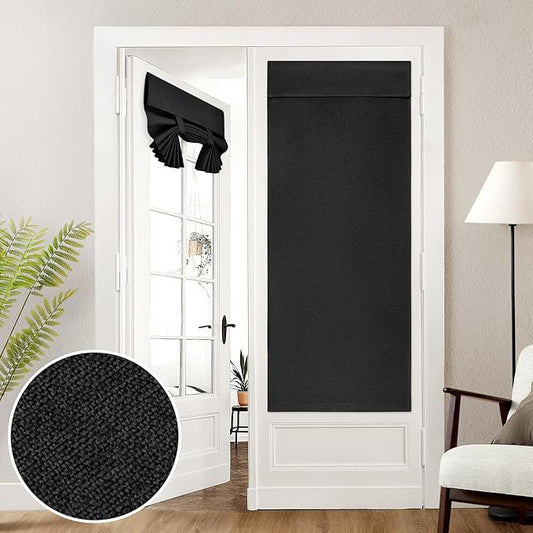 HOMEIDEAS 100% Linen Blackout French Door Curtains, Privacy Door Window Curtains, 26 X 68 Inch Room Darkening Blinds, Thermal Insulated Shades for Bedroom, 1 Panel, Black