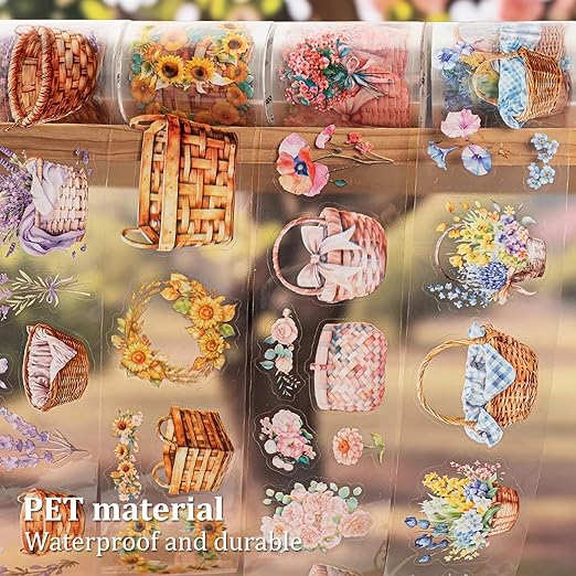 Flower Basket PET Tape Set, 6 Rolls Pre-Cut Vintage Floral Scrapbook Supplies for Journaling, DIY Crafts, and Planners,with Clip