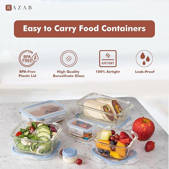 Razab 35 Pc Set Glass Food Storage Containers with Lids - Meal Prep Airtight Bento Boxes BPA-Free 100% Leak Proof (15 lids,15 glass & 5 Plastic Sauce/Dip Containers)