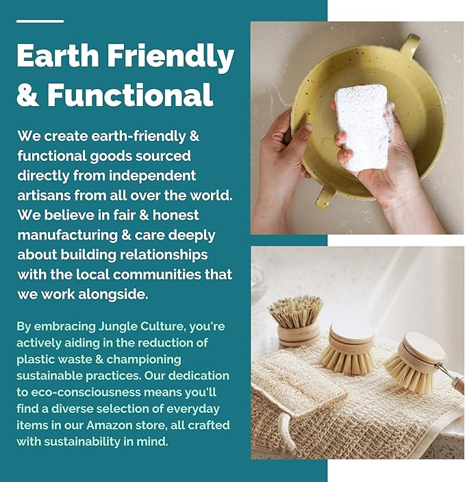 Jungle Culture Eco Sponge Set of 4 • Eco Friendly Natural Dishwashing Sponges • Non-Scratch, Biodegradable & Durable • Double Sided Loofah Kitchen Scourer • Compostable & Reusable Washing Up Sponges