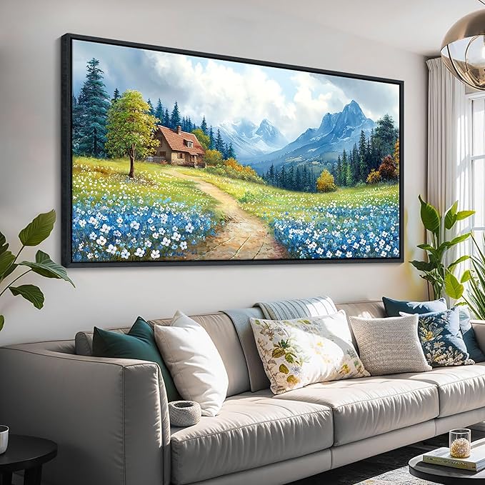 CHATYOUNG Large Mountains Wall Art, Rustic Blue Forest Wild Flowers Wall Picture Path Cottage Landscape Framed Wall Paintings for Living Room Bedroom kitchen Home Decor Gifts for Women 29"X58"