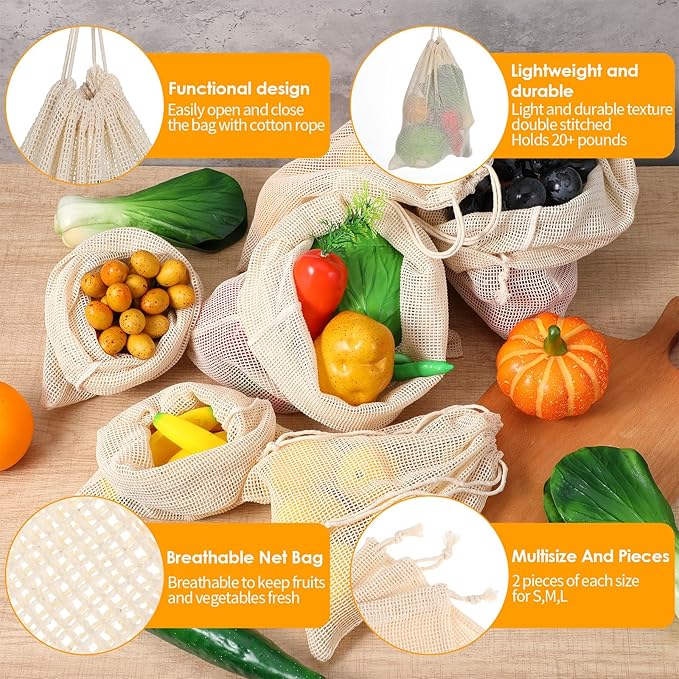 6 Packs Reusable Produce Bags, Cotton Mesh Produce Bags With Drawstring Mesh Storage Bag for Farmers Market Kitchen Vegetables Fruits Produces Storage Shopping