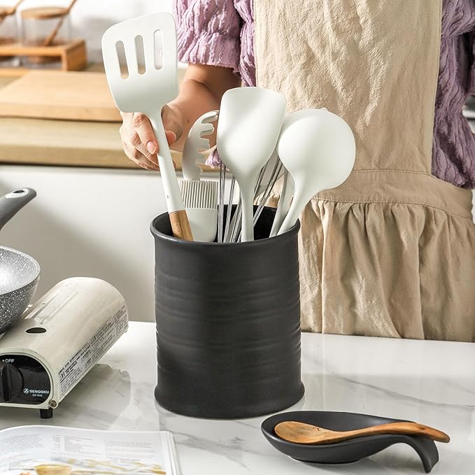 Nihow Kitchen Utensil Holder: 7.2 Inch Extra Large Ceramic Utensil Holder for Countertop - Stable Utensil Crock for Kitchen Counter Decor - Matte Black (1PC)