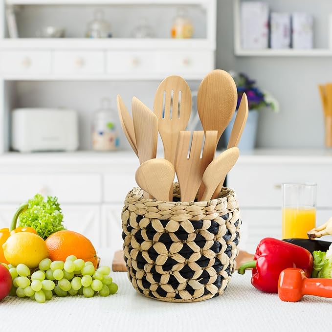 Kitchen Utensil Holder for Countertop – 7.1" Large Utensil Crock for Cooking Tools – Rustic Spatula Holder, Eco-Friendly Utensil Holder Counter – Water Hyacinth Utensils Organizer