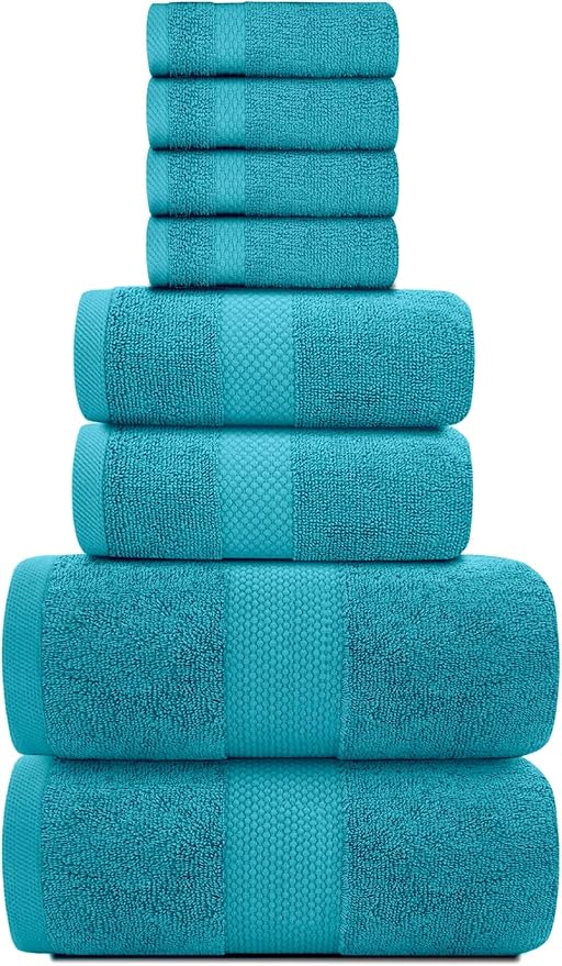 White Classic Luxury Bath Towel Set of 8 Pieces - 100% Turkish Cotton Highly Absorbent Towels for Bathroom, 2 Luxury Bath Towels 700GSM, 2 Hand Towels, 4 Washcloths, Aqua