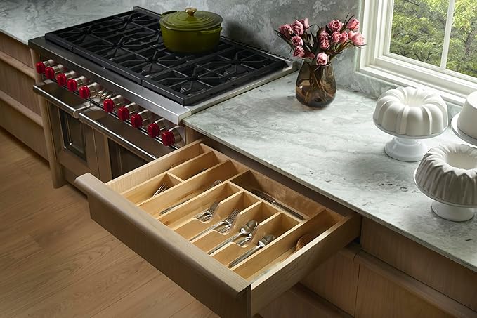 Rev-A-Shelf Trim-to-Fit Silverware Drawer Organizer For Kitchen Utensils, Cutlery Cabinet Storage Divider Insert, 33" x 22", Maple Wood, 4WUTCT-36-1