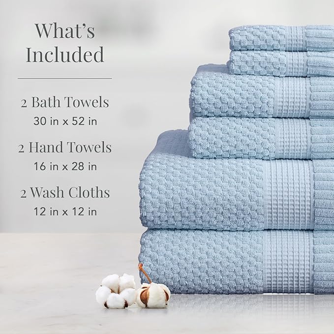 NY Loft 100% Cotton Towel Set 6 Piece | Super Soft & Absorbent Quick-Dry 2 Bath Towels 2 Hand Towels & 2 Washcloths |Textured and Durable Cotton | Trinity Collection (6 Piece Set, Chambray Blue)