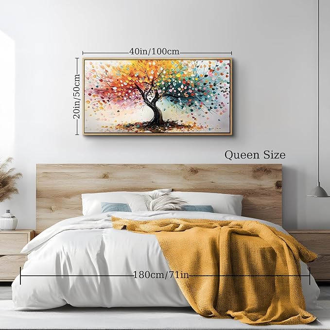 crmotu Large Framed Wall Art, Colorful Tree of Life Canvas Painting, Abstract Rainbow Tree Art Prints, Nature Plant Pictures Wall Decor Living Room Bedroom Bathroom Office, Modern Home Decor 20"X40"