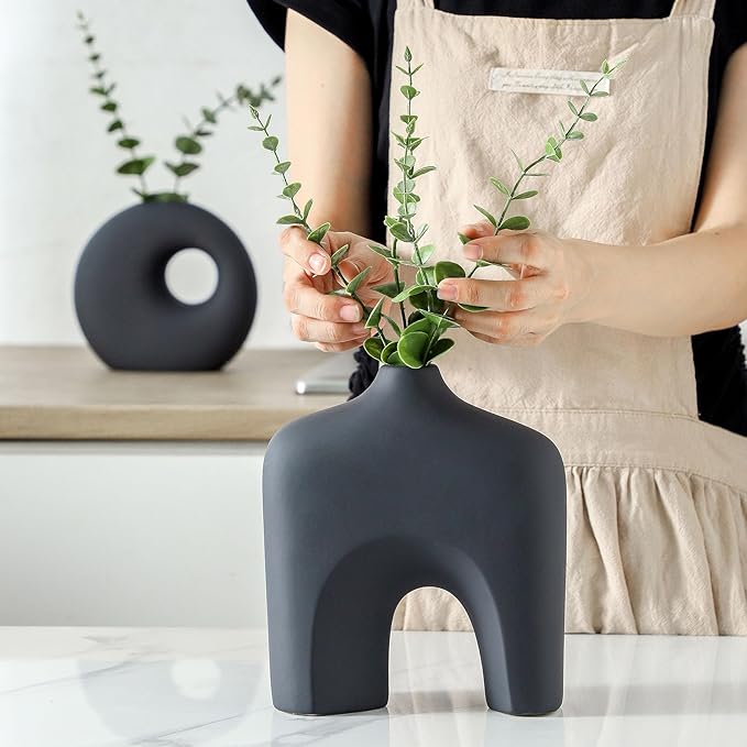 Ceramic Vase Set of 2, Modern Donut Vases for Minimalist Nordic Home Decor, Waterproof Round Vase, Decorative Centerpiece Vases for Living Room, Entryway, Bookshelf, Table Decor (Matte Black)