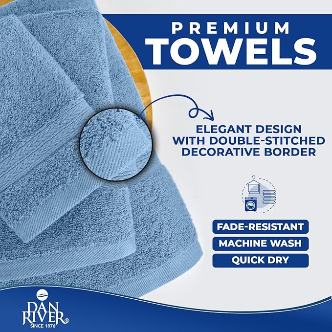 DAN RIVER 8 PC Luxury Bath Towels for Bathroom, 2 Bath, 2 Hand, and 4 Wash Cloths, 600 GSM 100% Ring Spun Cotton Towel Set, Highly Absorbent, Gym, Hotel, and Spa, Medium Blue