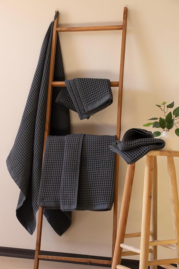 PÜSKÜL - Premium Waffle Towel Set 4 Pieces Gray Anthracite - Organic 100% Turkish Cotton Quick-Dry Towels for Bathroom Made in Turkiye (Dark Gray, Towel Set - 2 Hand & 2 Bath Towels)