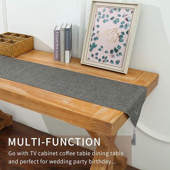 Tosewever Decorative Linen Table Runner with Tassels Tabletop Collection 14 x 72 Inches Table Runners for Everyday Dining Wedding Party Holiday Home Decor (14" x 72", Grey)