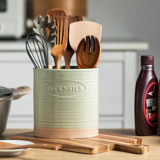 YHOSSEUN Kitchen Utensil Holder, Ceramic Utensil Holder for Kitchen Counter 6.7" Large Cooking Utensil Crock Farmhouse Utensil Organizer Storage, Oval Opening, Green