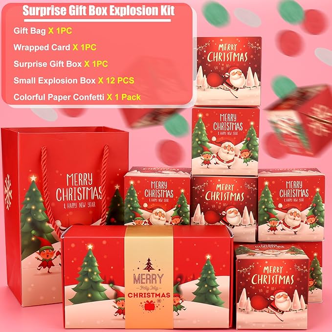 BABORUI Christmas Surprise Gift Box Explosion for Money With Confetti, Seeroze Surprise Money Box for Cash Gift (Red Snowman)