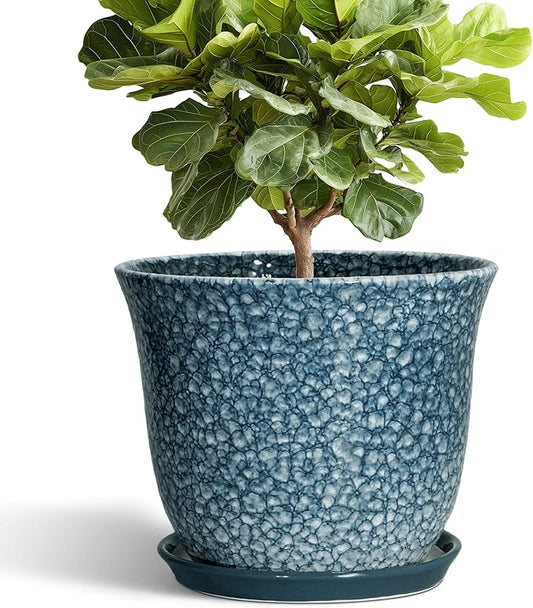 Ceramic Plant Pots - 12 Inch Pots for Plants Indoor Outdoor, Large Round Planter with Drainage Hole and Saucer, Modern Decorative Planters, Garden House Decor, House Warming Gifts, Blue
